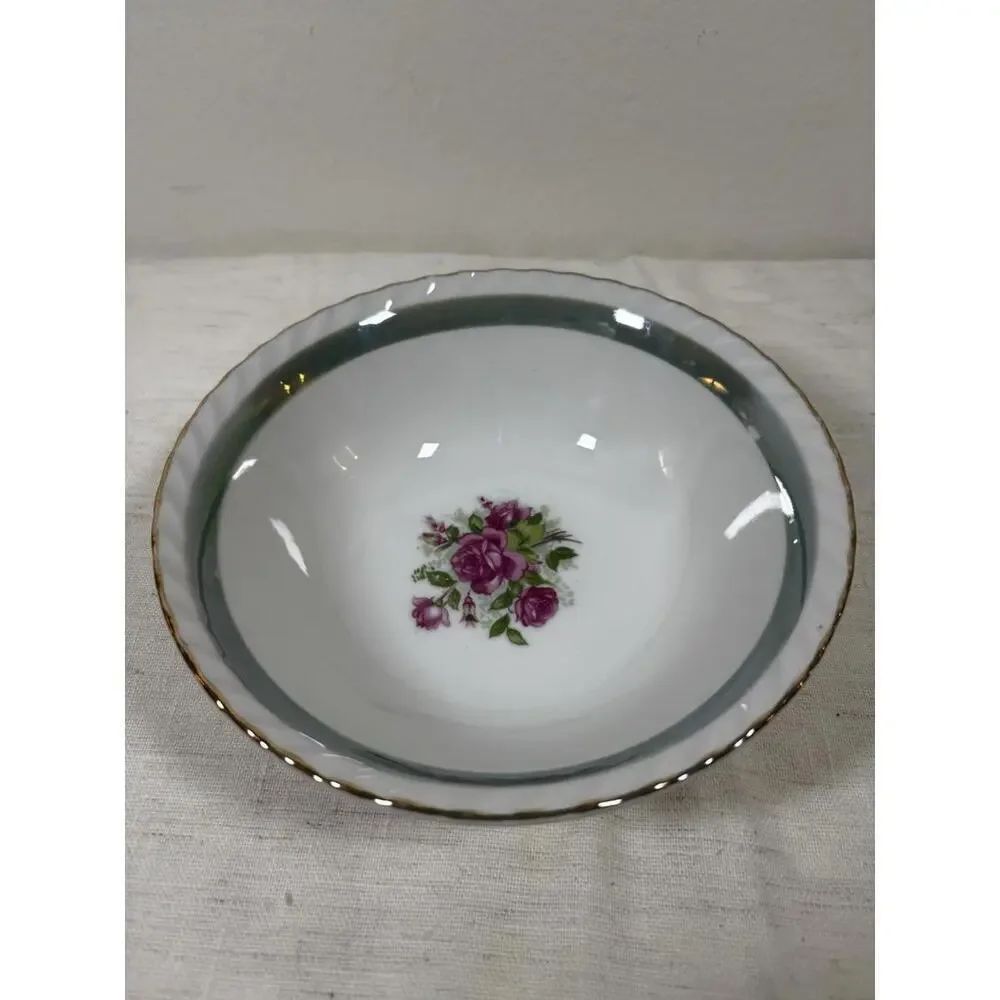 Vintage Japan Porcelain Bowl 6.75” – Roses, Green Band, Gold Trim